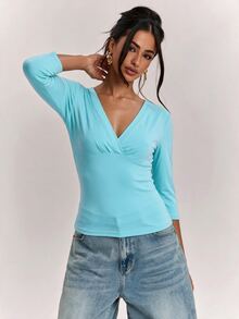 SHEIN BAE Women's Solid Color Slim Fit Sexy 3/4 Sleeve Top Fall Clothes For Women ,Summer, Winter Clothes - Mint Blue - View 6
