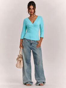 SHEIN BAE Women's Solid Color Slim Fit Sexy 3/4 Sleeve Top Fall Clothes For Women ,Summer, Winter Clothes - Mint Blue - View 4