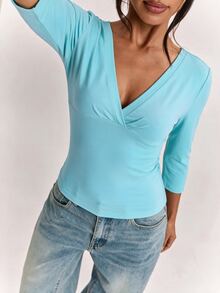 SHEIN BAE Women's Solid Color Slim Fit Sexy 3/4 Sleeve Top Fall Clothes For Women ,Summer, Winter Clothes - Mint Blue - View 3
