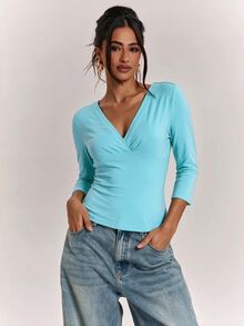 SHEIN BAE Women's Solid Color Slim Fit Sexy 3/4 Sleeve Top Fall Clothes For Women ,Summer, Winter Clothes - Mint Blue - View 1