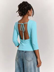 SHEIN BAE Women's Solid Color Slim Fit Sexy 3/4 Sleeve Top Fall Clothes For Women ,Summer, Winter Clothes - Mint Blue - View 2