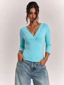 SHEIN BAE Women's Solid Color Slim Fit Sexy 3/4 Sleeve Top Fall Clothes For Women ,Summer, Winter Clothes - Mint Blue - View 7