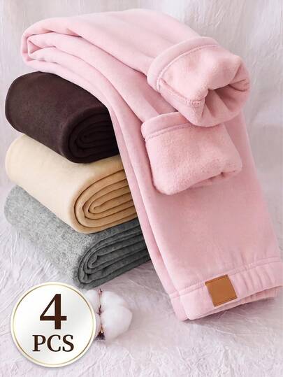 SHEIN 4 Adet Bebek Kız Günlük Örme Düz Renk Lastikli Bel Uzun Pantolon
