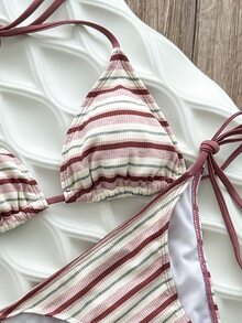 Swim Mod 女款夏季海灘派對條紋拼色掛脖綁帶性感熱帶風比基尼三角褲兩件式泳衣套裝 - 彩色 - 查看 3