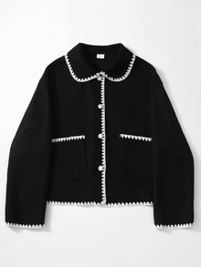SHEIN 青少年女孩外套 抓絨 秋冬衣 春/秋季 黑色編織 彼得潘領 白色蕾絲珍珠 單排扣 長袖粗花呢夾克 冬季 - 黑色 - 查看 8