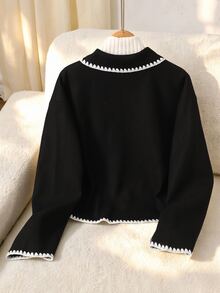 SHEIN 青少年女孩外套 抓絨 秋冬衣 春/秋季 黑色編織 彼得潘領 白色蕾絲珍珠 單排扣 長袖粗花呢夾克 冬季 - 黑色 - 查看 3