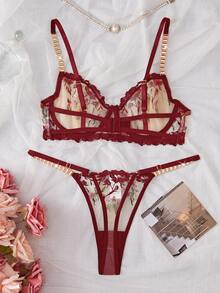 SHEIN Esselle 2件組刺繡女款內衣套裝 - 酒紅色 - 查看 2