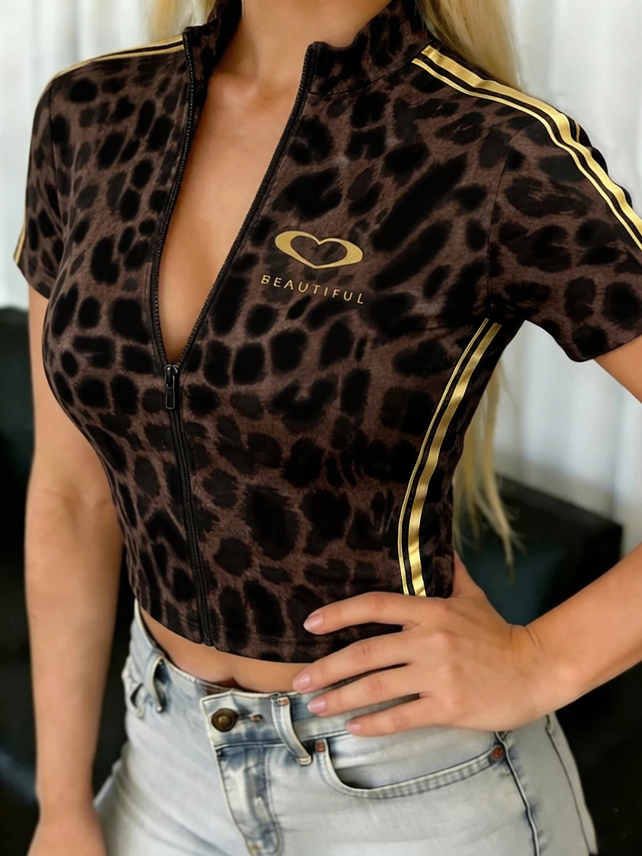 Rovax Women's Leopard Print Zip-Up Short Sleeve Cropped Top, Summer Zip Jersey - Mustard Yellow - View 1