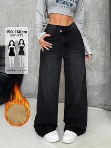 SHEIN PETITE 女款厚丹寧不對稱腰寬鬆寬腿牛仔褲 藍色牛仔女裝 秋冬牛仔褲 - 黑色 - 查看 2