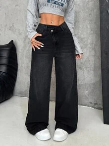 SHEIN PETITE 女款厚丹寧不對稱腰寬鬆寬腿牛仔褲 藍色牛仔女裝 秋冬牛仔褲 - 黑色 - 查看 9