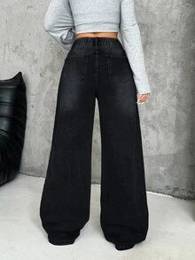 SHEIN PETITE 女款厚丹寧不對稱腰寬鬆寬腿牛仔褲 藍色牛仔女裝 秋冬牛仔褲 - 黑色 - 查看 3
