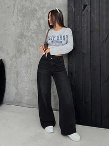 SHEIN PETITE 女款厚丹寧不對稱腰寬鬆寬腿牛仔褲 藍色牛仔女裝 秋冬牛仔褲 - 黑色 - 查看 5