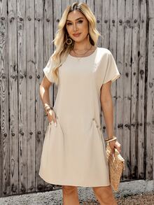 SHEIN LUNE 女士纯色圆领褶皱休闲派对迷你连衣裙 - 卡其色 - 查看 5