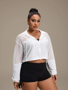 SHEIN Rhythm Era Women's Plus Size Solid Color Long Sleeve Zip-Up Drawstring Hooded Sports Jacket Gym Sports White Autumn Fall Gym - White - View 4