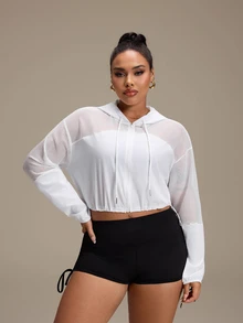 SHEIN Rhythm Era Women's Plus Size Solid Color Long Sleeve Zip-Up Drawstring Hooded Sports Jacket Gym Sports White Autumn Fall Gym - White - View 5