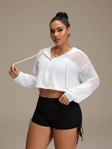 SHEIN Rhythm Era Women's Plus Size Solid Color Long Sleeve Zip-Up Drawstring Hooded Sports Jacket Gym Sports White Autumn Fall Gym - White - View 6