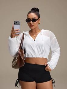 SHEIN Rhythm Era Women's Plus Size Solid Color Long Sleeve Zip-Up Drawstring Hooded Sports Jacket Gym Sports White Autumn Fall Gym - White - View 7