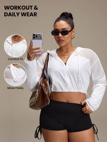 SHEIN Rhythm Era Women's Plus Size Solid Color Long Sleeve Zip-Up Drawstring Hooded Sports Jacket Gym Sports White Autumn Fall Gym - White - View 1