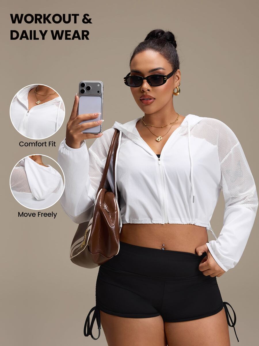 SHEIN Rhythm Era Women's Plus Size Solid Color Long Sleeve Zip-Up Drawstring Hooded Sports Jacket Gym Sports White Autumn Fall Gym - White - View 1