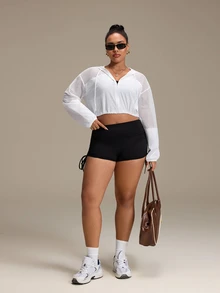 SHEIN Rhythm Era Women's Plus Size Solid Color Long Sleeve Zip-Up Drawstring Hooded Sports Jacket Gym Sports White Autumn Fall Gym - White - View 8
