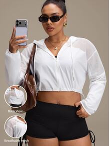 SHEIN Rhythm Era Women's Plus Size Solid Color Long Sleeve Zip-Up Drawstring Hooded Sports Jacket Gym Sports White Autumn Fall Gym - White - View 9