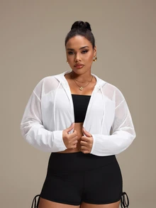 SHEIN Rhythm Era Women's Plus Size Solid Color Long Sleeve Zip-Up Drawstring Hooded Sports Jacket Gym Sports White Autumn Fall Gym - White - View 3