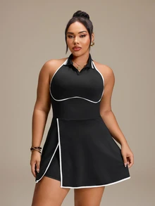 SHEIN Rhythm Era Women's Plus Size Colorblock Casual Daily Tennis Golf Travel Sports Dress And Shorts Set Black Summer - Black - View 8