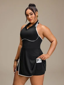 SHEIN Rhythm Era Women's Plus Size Colorblock Casual Daily Tennis Golf Travel Sports Dress And Shorts Set Black Summer - Black - View 4