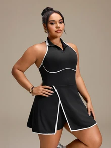 SHEIN Rhythm Era Women's Plus Size Colorblock Casual Daily Tennis Golf Travel Sports Dress And Shorts Set Black Summer - Black - View 5
