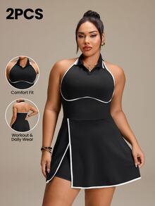 SHEIN Rhythm Era Women's Plus Size Colorblock Casual Daily Tennis Golf Travel Sports Dress And Shorts Set Black Summer - Black - View 1