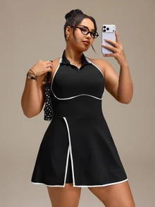 SHEIN Rhythm Era Women's Plus Size Colorblock Casual Daily Tennis Golf Travel Sports Dress And Shorts Set Black Summer - Black - View 3