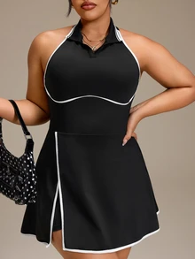 SHEIN Rhythm Era Women's Plus Size Colorblock Casual Daily Tennis Golf Travel Sports Dress And Shorts Set Black Summer - Black - View 7
