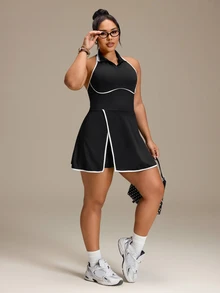 SHEIN Rhythm Era Women's Plus Size Colorblock Casual Daily Tennis Golf Travel Sports Dress And Shorts Set Black Summer - Black - View 6