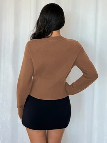 Balvessa 女款時尚休閒優雅極簡不對稱鈕扣針織開襟開襟衫上衣，高端設計開襟式，適合辦公約會，深棕色，秋季 - 咖啡棕 - 查看 2