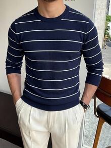 Manfinity CasualKnits 男士條紋休閒百搭日常穿著長袖針織衫 - 彩色 - 查看 1