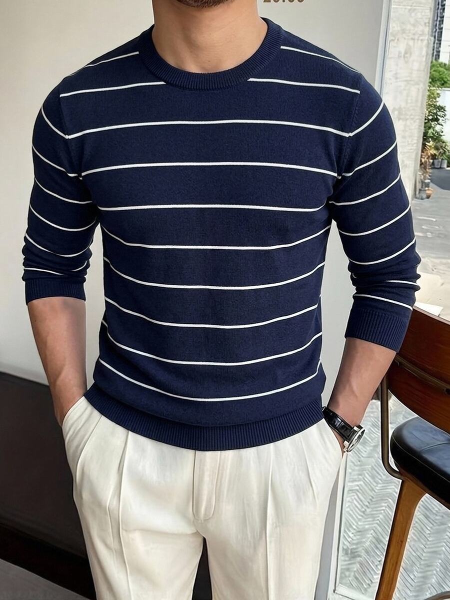 Manfinity CasualKnits 男士條紋休閒百搭日常穿著長袖針織衫 - 彩色 - 查看 1
