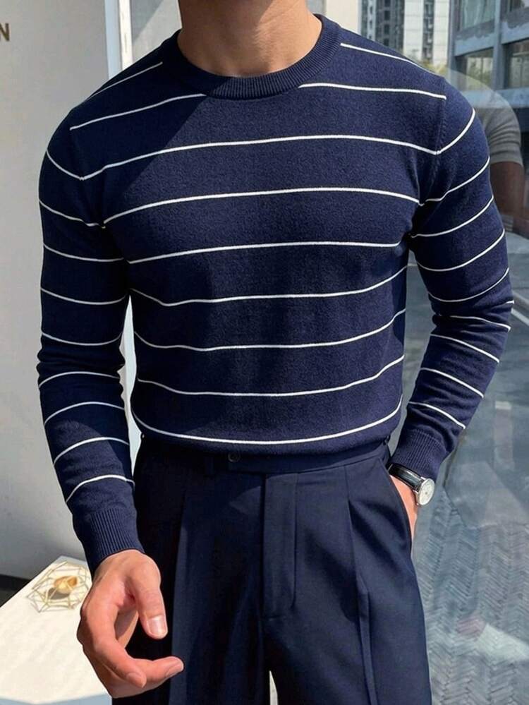 Manfinity CasualKnits Old Money Men's Striped Casual Versatile Daily Wear Long Sleeve Sweater , American Casual, Unisex Style, Couple Outfit, Best Holiday Gift - Multicolor - View 2