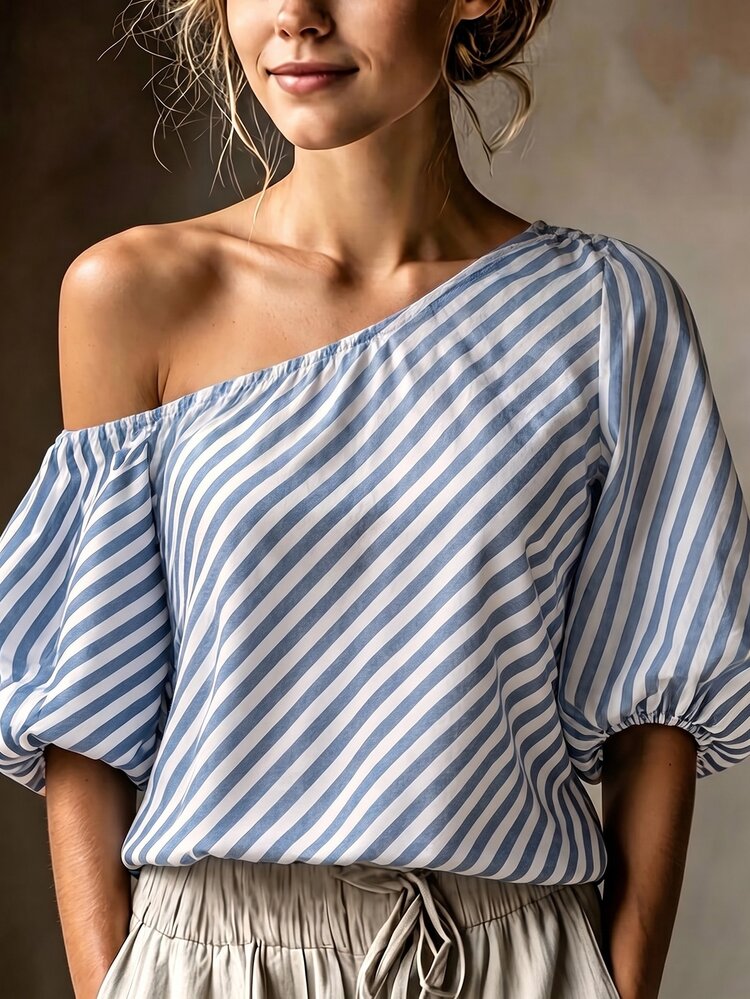 SHEIN 女款優雅休閒法式度假風藍白條紋不對稱露肩上衣 - 藍色 - 查看 6