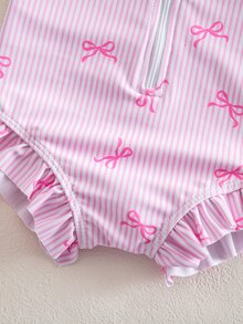 SHEIN Newborn Baby Beach Vacation Style Bow Striped Print Half Zip Front Ruffle Hem One-Piece Swimsuit With Swim Cap - Pink - View 4