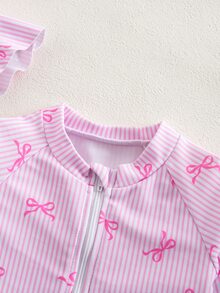 SHEIN Newborn Baby Beach Vacation Style Bow Striped Print Half Zip Front Ruffle Hem One-Piece Swimsuit With Swim Cap - Pink - View 5