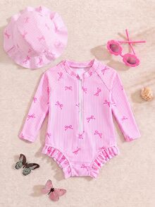 SHEIN Newborn Baby Beach Vacation Style Bow Striped Print Half Zip Front Ruffle Hem One-Piece Swimsuit With Swim Cap - Pink - View 2