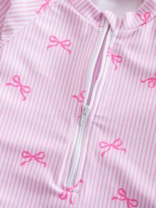 SHEIN Newborn Baby Beach Vacation Style Bow Striped Print Half Zip Front Ruffle Hem One-Piece Swimsuit With Swim Cap - Pink - View 3