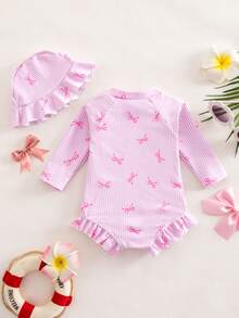 SHEIN Newborn Baby Beach Vacation Style Bow Striped Print Half Zip Front Ruffle Hem One-Piece Swimsuit With Swim Cap - Pink - View 6