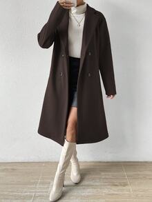 SHEIN Women's Casual Solid Color Double-Breasted Overcoat, Autumn/Winter Fall Cloth For Women - Rust Brown - View 6