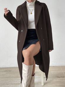 SHEIN Women's Casual Solid Color Double-Breasted Overcoat, Autumn/Winter Fall Cloth For Women - Rust Brown - View 1