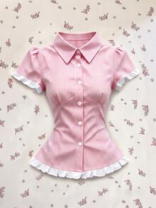 SHEIN Women's Spring/Summer New Blue Plaid Contrast Lace Fitted Casual/Work/Party/Holiday Short Sleeve Blouse - Pink - View 4