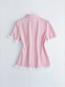 SHEIN Women's Spring/Summer New Blue Plaid Contrast Lace Fitted Casual/Work/Party/Holiday Short Sleeve Blouse - Pink - View 6