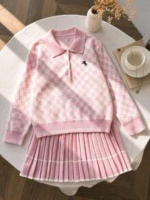SHEIN 青少年女孩格紋落肩毛衣與純色粉色百褶裙 2件套 - 粉色 - 查看 4