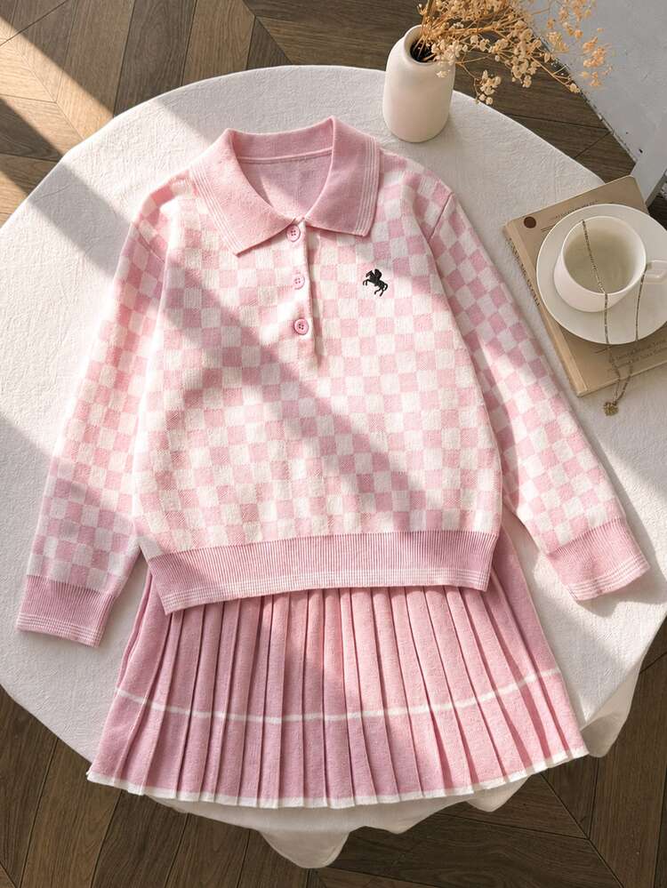 SHEIN Tween Girl Plaid Pattern Drop Shoulder Sweater And Solid Pink Pleated Skirt 2pcs Set - Pink - View 4