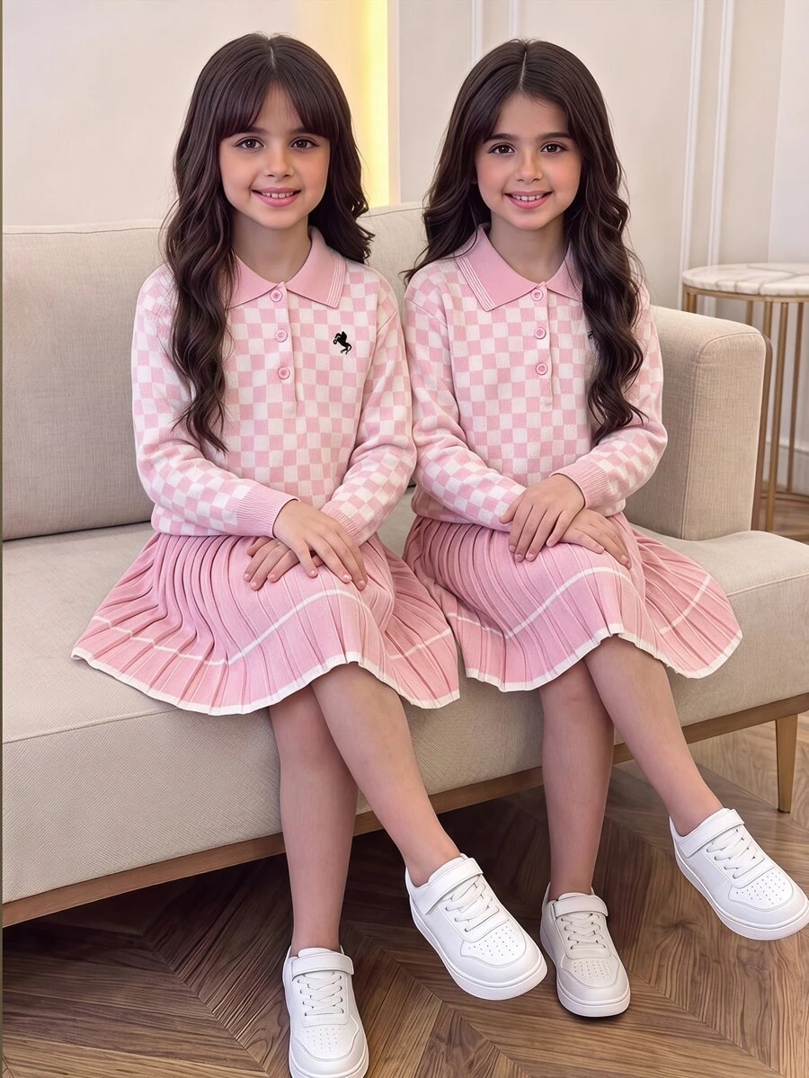 SHEIN 青少年女孩格紋落肩毛衣與純色粉色百褶裙 2件套 - 粉色 - 查看 1